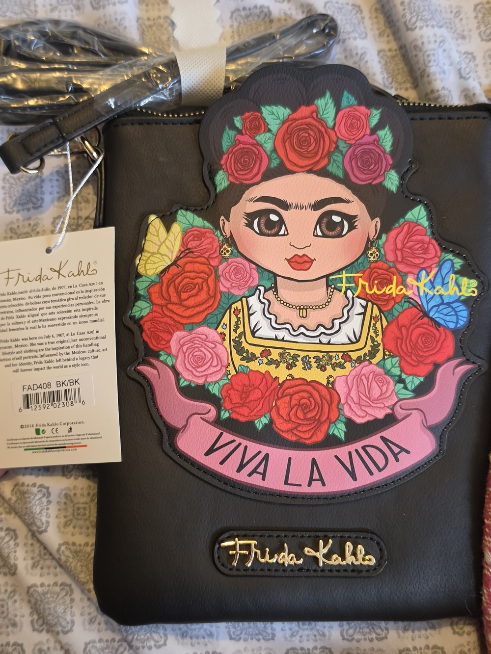 Frida Kahlo Black Crossbody Bag with Pink & Red Floral Design